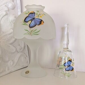 Vintage Westmoreland Glass Hand Painted Butterfly Fairy Lamp and Matching Bell